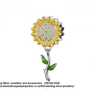 925 Sterling Silver Sunflower Cubic Detail Dangle Charm. Pandora Compatible