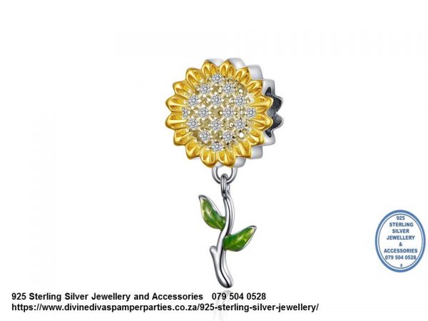 925 Sterling Silver Sunflower Cubic Detail Dangle Charm. Pandora Compatible
