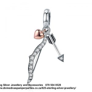 925 Sterling Silver Cupid Bow and Arrow  Detail Dangle Charm. Pandora Compatible 