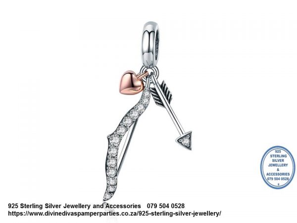 925 Sterling Silver Cupid Bow and Arrow  Detail Dangle Charm. Pandora Compatible 