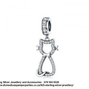 925 Sterling Silver Dangle Cat Silhouette Cubic Detail Charm. Pandora Compatible