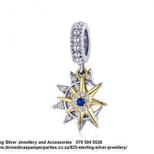 925 Sterling Silver Double Dangle Moon & Sun Gold Plated Charm. Pandora Compatible