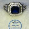 Blue and Cubic detailed real Sterling Silver Ring Double Square Halo
