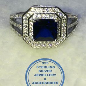 Blue and Cubic detailed real Sterling Silver Ring Double Square Halo