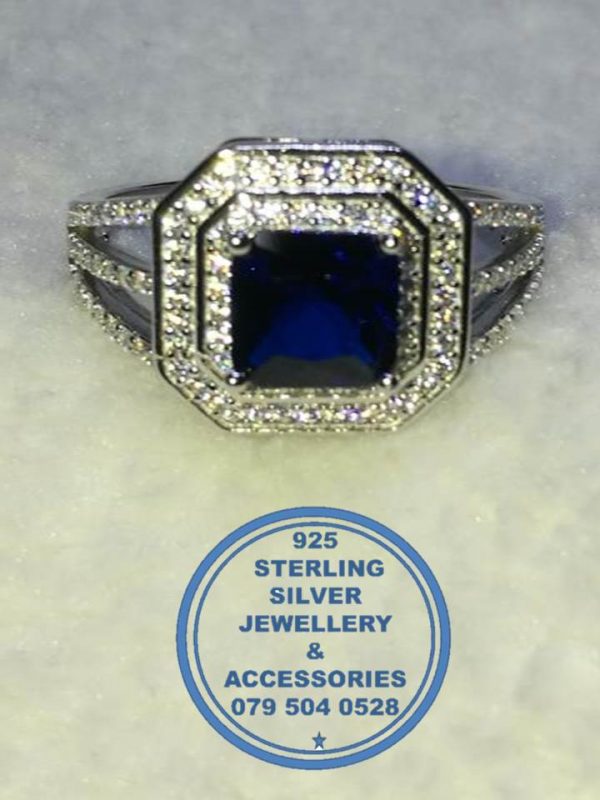 Blue and Cubic detailed real Sterling Silver Ring Double Square Halo