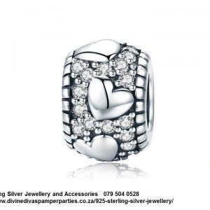 925 Sterling Silver Cubic Detail Charm Bead with hearts all round . Pandora Compatible