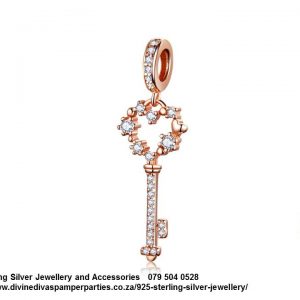 925 Sterling Silver Dangle Key Celebration Love Charm plated. Pandora Compatible