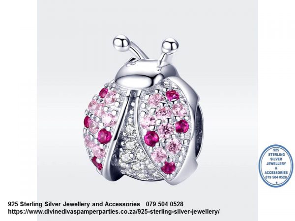 925 Sterling Silver Pink Cz Cubic detail Ladybug Good Luck Charm. Pandora Compatible