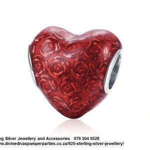 925 Sterling Silver Red roses Detail with red Enamel Love Heart Beauty and the Beast Love Charm. Pandora Compatible