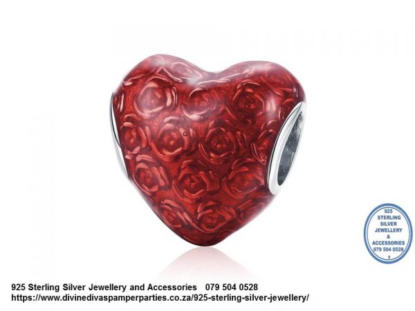 925 Sterling Silver Red roses Detail with red Enamel Love Heart Beauty and the Beast Love Charm. Pandora Compatible