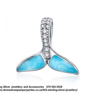 925 Sterling Silver Blue Fish Tail Mermaid Tail Cz Blue Enamel detail Charm. Pandora Compatible