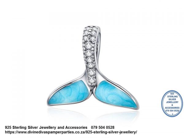 925 Sterling Silver Blue Fish Tail Mermaid Tail Cz Blue Enamel detail Charm. Pandora Compatible