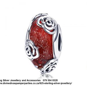 925 Sterling Silver Red Bead with silver Roses detail Beauty and The Beast Fantasy Love Charm. Pandora Compatible