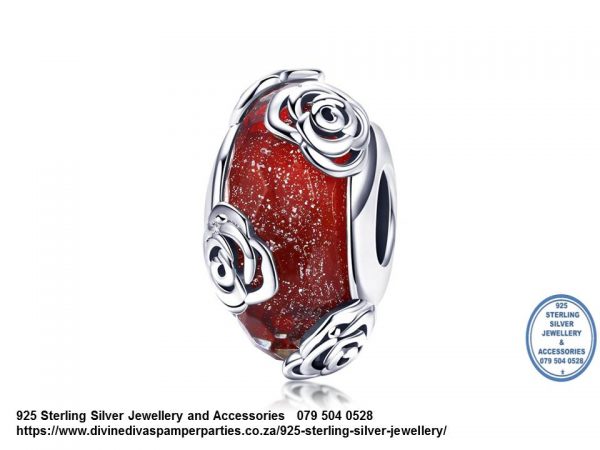 925 Sterling Silver Red Bead with silver Roses detail Beauty and The Beast Fantasy Love Charm. Pandora Compatible