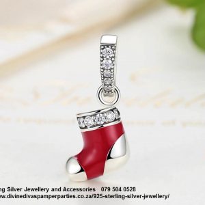 925 Sterling Silver Dangle Christmas Stocking with cz and enamel detail Charm. Pandora Compatible