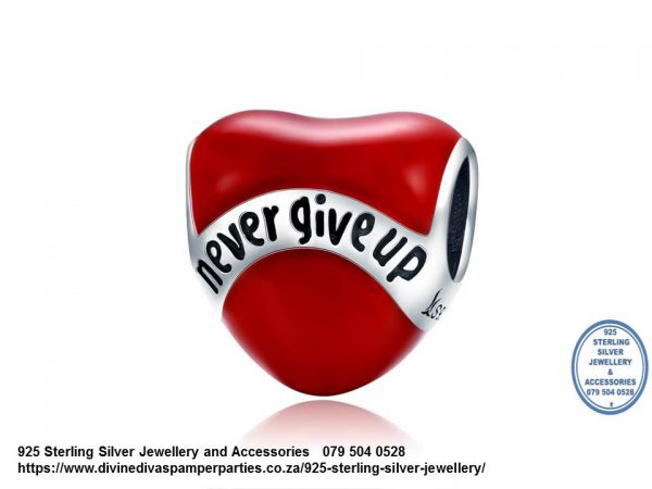 925 Sterling Silver Red Enamel Heart Never Give Up  Detail Charm. Pandora Compatible 