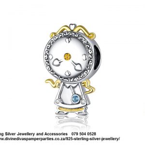 925 Sterling Silver Beauty And the Beast Magic Clock Gold Plated Charm Bead. Pandora Compatible