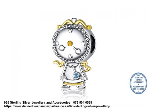925 Sterling Silver Beauty And the Beast Magic Clock Gold Plated Charm Bead. Pandora Compatible