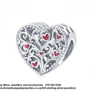 925 Sterling Silver Charm Tree of Life & Love Heart Charm bead with Red Detail . Pandora Compatible