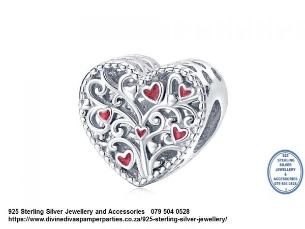 925 Sterling Silver Charm Tree of Life & Love Heart Charm bead with Red Detail . Pandora Compatible