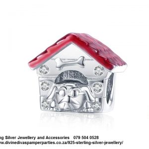 925 Sterling Silver Red Enamel Dog House Kennel  Charm. Pandora Compatible