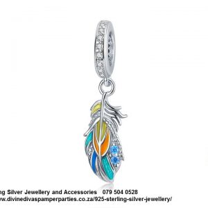 925 Sterling Silver Colorful Enamel Feather Dangle Charm. Pandora Compatible