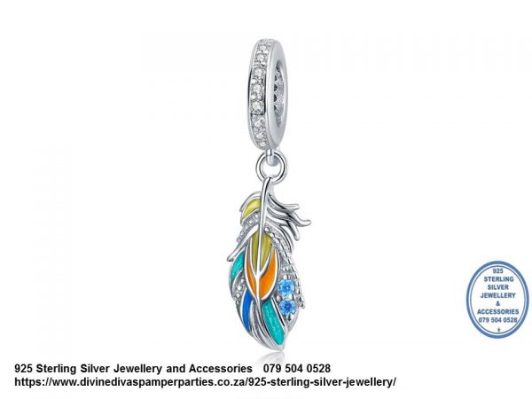925 Sterling Silver Colorful Enamel Feather Dangle Charm. Pandora Compatible