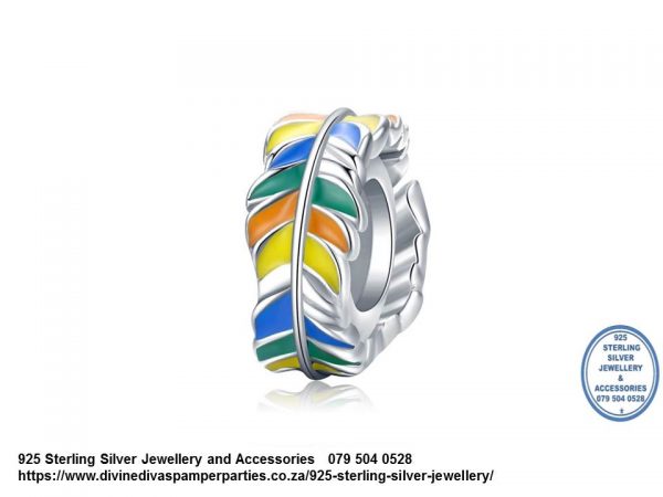 925 Sterling Silver Colorful Enamel Detail Feather Bead Charm. Pandora Compatible