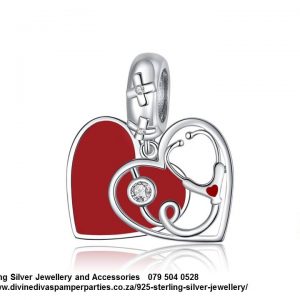 925 Sterling Silver Red Enamel Heart Double Dangle Doctor Nurse Medical Stethoscope Charm. Pandora Compatible