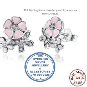 Cubic Detail & Enamel Flowers Sterling Silver Earrings with studs