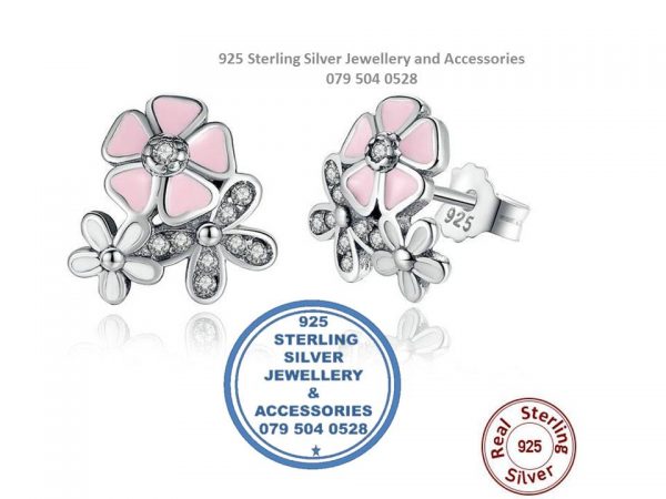 Cubic Detail & Enamel Flowers Sterling Silver Earrings with studs