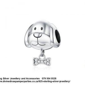 925 Sterling Silver Cz Detail Dog with bone  Charm. Pandora Compatible