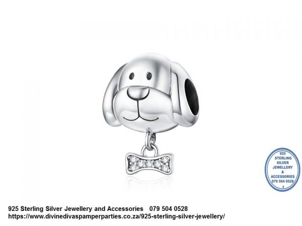 925 Sterling Silver Cz Detail Dog with bone  Charm. Pandora Compatible