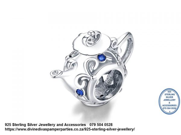 925 Sterling Silver Cz Detail  Fancy Vintage Elegant Stylish Teapot Charm. Pandora Compatible