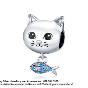 925 Sterling Silver CZ Detail Cat with Fish Dangle Charm. Pandora Compatible
