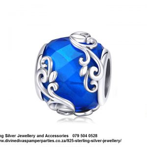 925 Sterling Silver Damask Filigree Detail on Blue Charm Bead. Pandora Compatible