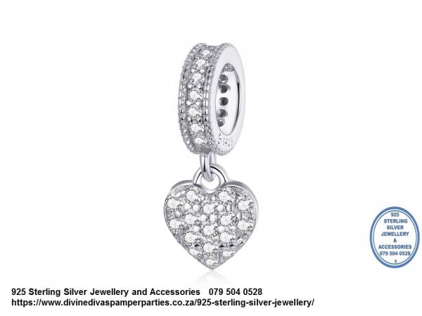 925 Sterling Silver Cubic Detail Dangle Heart Charm. Pandora Compatible