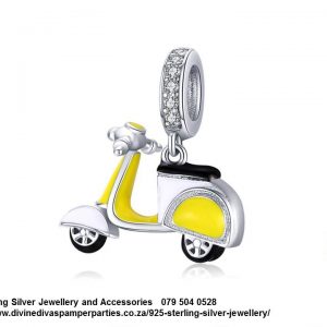 925 Sterling Silver Yellow Enamel Detail Vespa Scooter Charm. Pandora Compatible