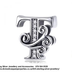925 Sterling Silver Alphabet T Letter Charm with Cubic Detail. Pandora Compatible