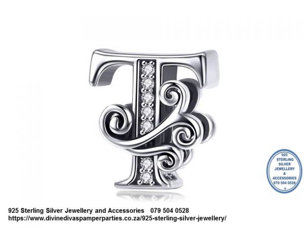 925 Sterling Silver Alphabet T Letter Charm with Cubic Detail. Pandora Compatible