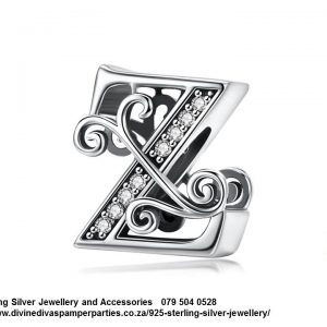 925 Sterling Silver Alphabet Z Letter Charm with Cubic Detail. European Style Bracelet Compatible