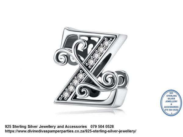 925 Sterling Silver Alphabet Z Letter Charm with Cubic Detail. European Style Bracelet Compatible