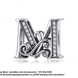 925 Sterling Silver Alphabet M Letter Charm with Cubic Detail. Pandora Compatible