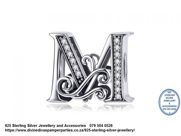 925 Sterling Silver Alphabet M Letter Charm with Cubic Detail. Pandora Compatible