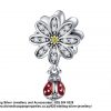 925 Sterling Silver Daisy with dangle Ladybug Enamel Detail Charm. Pandora Compatible
