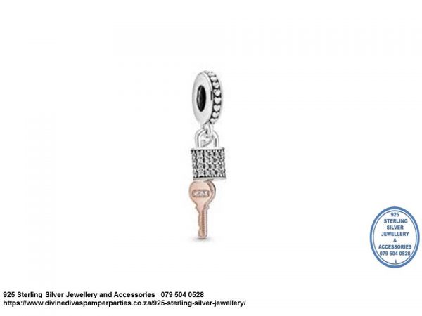 925 Sterling Silver Dangle Two tone Padlock and Key Rose Gold Plated  Charm. Pandora Compatible