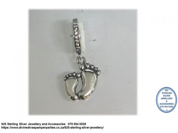 925 Sterling Silver Dangle Baby Foot Prints Charm. Pandora Compatible