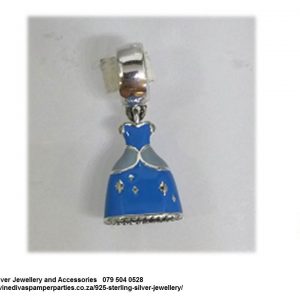 925 Sterling Silver  Dangle Cinderella Blue Dress Princess Charm. Pandora Compatible