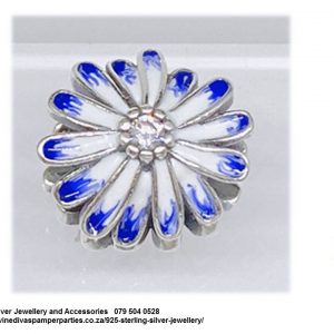 925 Sterling Silver Blue White Enamel Detail Daisy Flower Charm Bead. Pandora Compatible 
