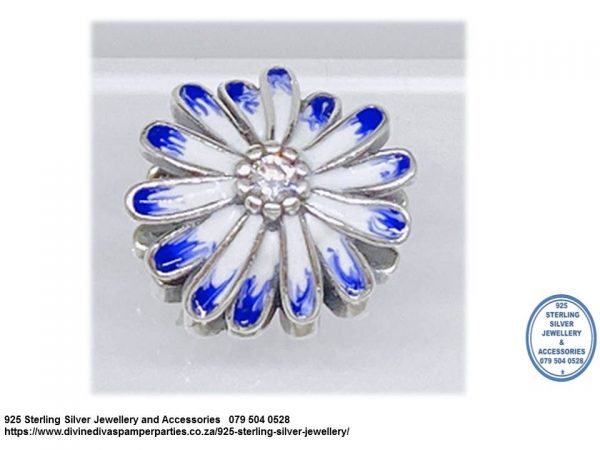 925 Sterling Silver Blue White Enamel Detail Daisy Flower Charm Bead. Pandora Compatible 